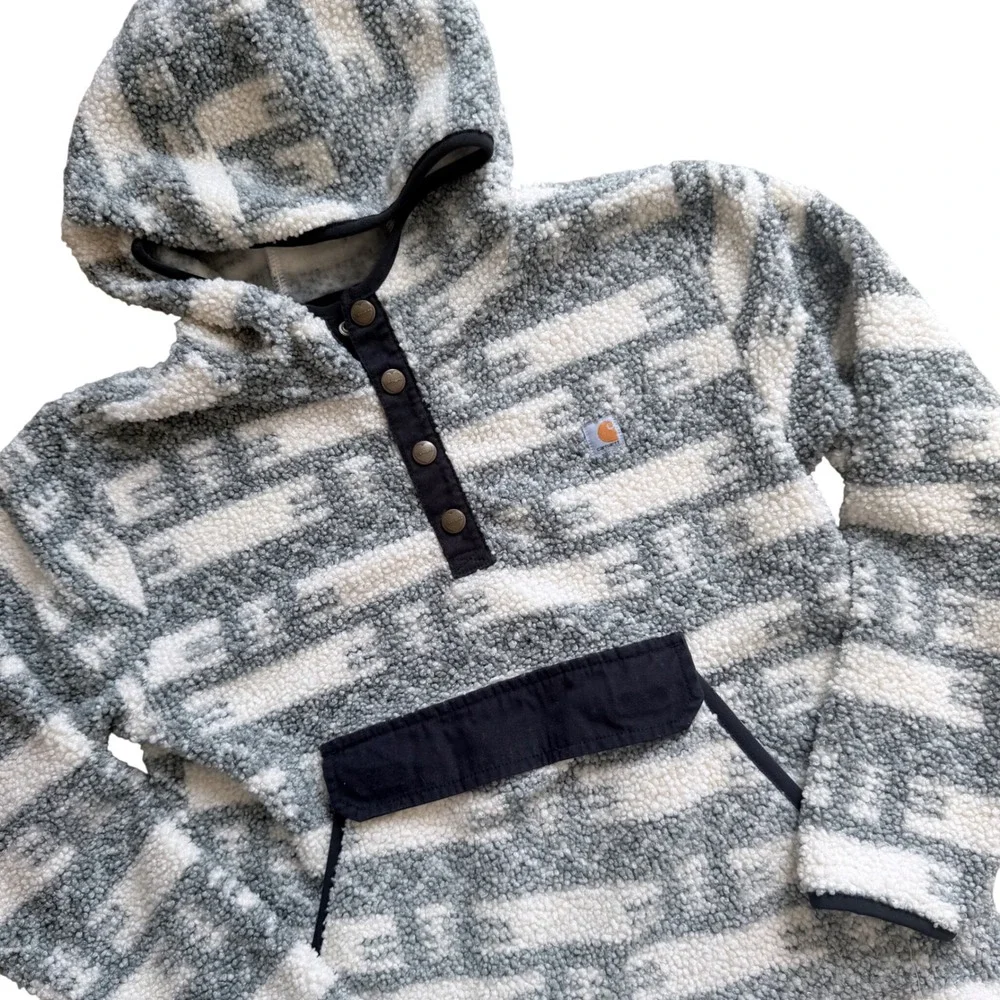 Carhartt kid Fleece Hoodie XL Grey White Geometric cozy warm layering Sweatshirt - Picture 1 of 2